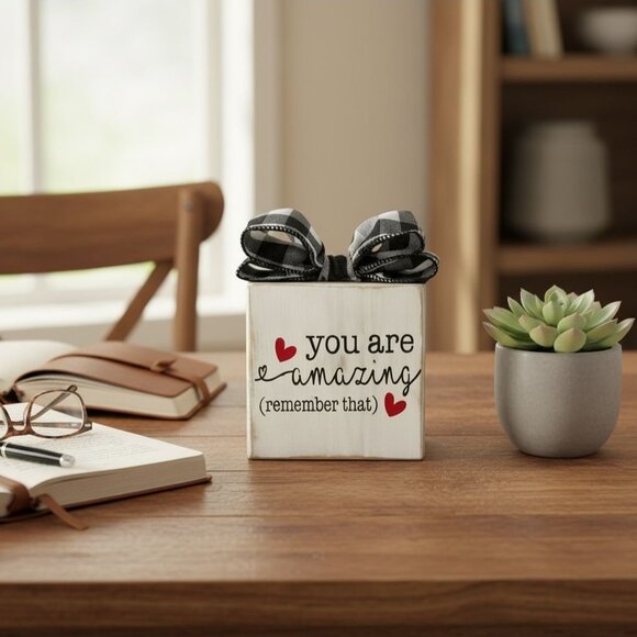 You Are Amazing Wooden Block Sign With Buffalo Check Bow Handmade 4" x 4" Basket - Picture 3 of 6